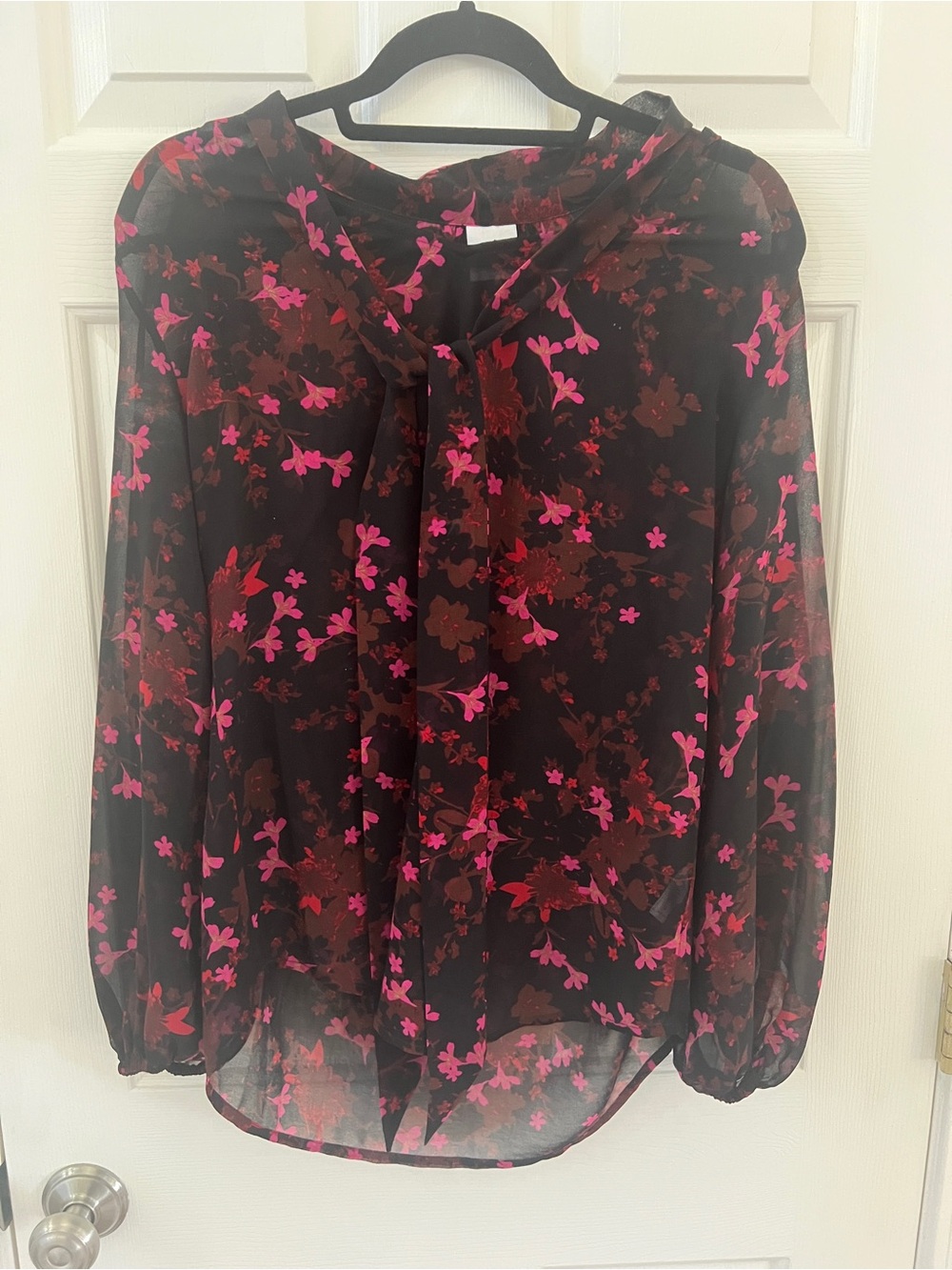 CAbi Black Sheer Floral Tie-Neck Blouse with Hot Pink Accents